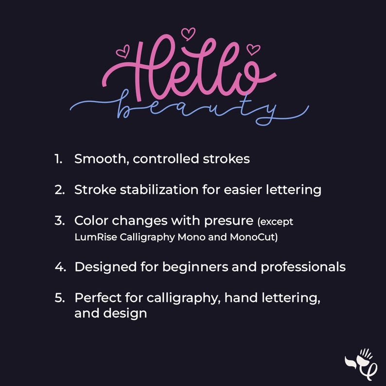 May include: A dark background graphic featuring the text Hello beauty in pink and blue script with small hearts. Below, a numbered list details features: smooth controlled strokes, stroke stabilisation, pressure-sensitive colour, and design utility.