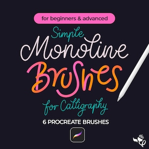 以下が含まれることがあります： for beginners & advanced、Simple Monoline Brushes for Calligraphy、6 PROCREATE BRUSHESというテキストが記載されたデジタルグラフィック。白いスタイラスペン、カラフルなProcreateアプリのアイコン、小さな白い花のアイコンが含まれています。