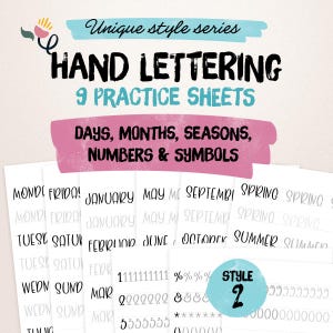 Övningsblad för handskrivna typsnitt för nybörjare | Arbetsblad för handbokstäver | Dagar, månader, siffror och mer | JPG Procreate | Utskrivbar PDF