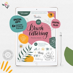Calligraphy Workbook | Hand Lettering Practice Sheets | Uppercase Worksheets | 6 Procreate Brushes Included | Digital Download