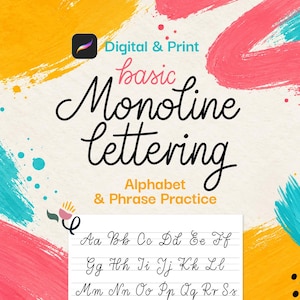 Übungsblätter für Monoline-Schriftzüge | Groß- und Kleinbuchstaben | Übungsblätter für Sätze | Procreate JPG und PNG | PDF