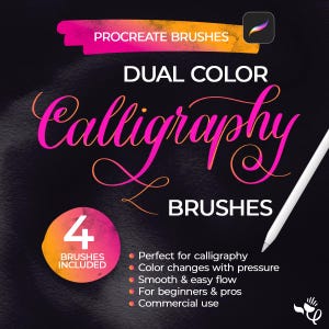 Zestaw 4 pędzli do kaligrafii Procreate Dual Color, zmieniające kolor pędzle do pisania, nowoczesne pismo odręczne, wersja cyfrowa