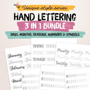 Könnte beinhalten: Ein digitales Handlettering 3-in-1-Bundle mit dem Text Unique style series, HAND LETTERING, 3 IN 1 BUNDLE und DAYS, MONTHS, SEASONS, NUMBERS & SYMBOLS. Die Blätter zeigen Übungslinien für Monate, Jahreszeiten, Wochentage, Zahlen und Symbole.