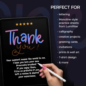 May include: A digital tablet screen displaying a thank you message with five yellow stars, pink and blue text, and a list of uses including lettering, calligraphy, greeting cards, and T-shirt design. A white stylus is positioned over the screen.