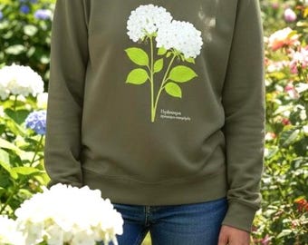 Hydrangea Flower Botanical Sweatshirt - Eco-Friendly Organic Cotton Floral Crewneck - Plant Lover Gift