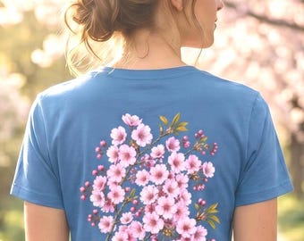 Cherry Blossom Botanical T-Shirt - Front & Back Design - Eco-Friendly Organic Cotton Tee