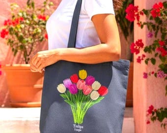 Tulips Botanical Tote Bag - Eco-Friendly Organic Cotton Shopper - Gardener Gift
