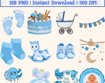 Blue Baby Shower Clipart Bundle: 108 PNG Graphics (Digital Download) Transparent 300 DPI