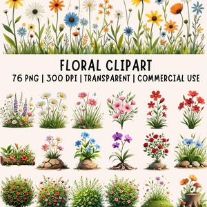 Paquete de imágenes prediseñadas florales: 76 gráficos de flores PNG (descarga digital) transparentes de 300 DPI