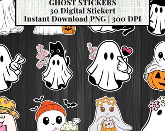 Spök-Halloween-klistermärken, läskiga clipart (digital nedladdning med 30 delar)