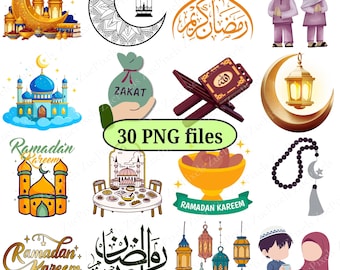 Ramadan Kareem Clipart – 30 PNG Graphics, Islamic Designs (Digital Download)
