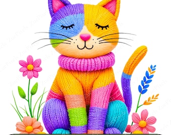 Knitted Cat PNG Illustration | Digital Download Art