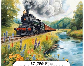 Vintage Train Clip Art, Steam Locomotives, Nostalgic Railroad Art (Digital Download)