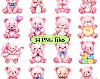 Pink Teddy Bear Clipart: Baby Shower PNG Set (34 Files, Digital Download)