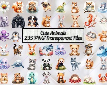 May include: A selection of watercolour illustrations of adorable animals, such as a squirrel, a pug, a dinosaur, and a rabbit. The image includes the text "Cute Animals 235 PNG Transparent Files".