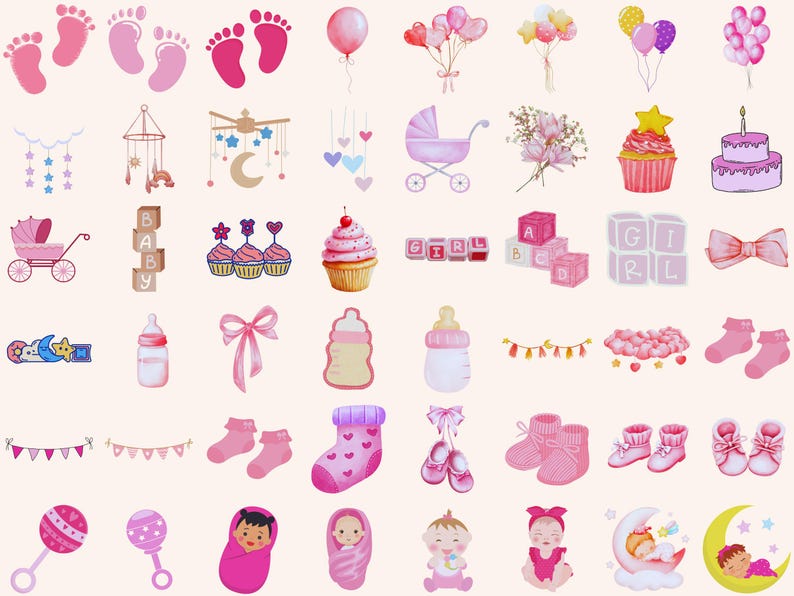 Pink Baby Shower Clipart Bundle: 120 PNG Images (digital Download ...