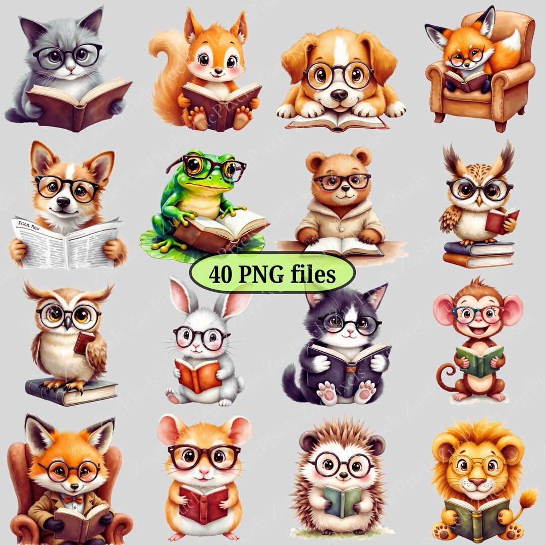 Whimsical Animal Reading Clipart Bundle | PNG Illustrations (digital ...