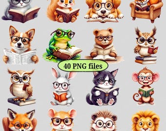 Whimsical Animal Reading Clipart Bundle | PNG Illustrations (Digital Download)