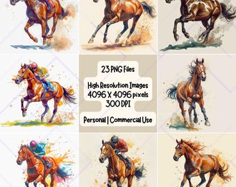 Watercolor Racing Horse Clipart | High Resolution 300 DPI Digital Download