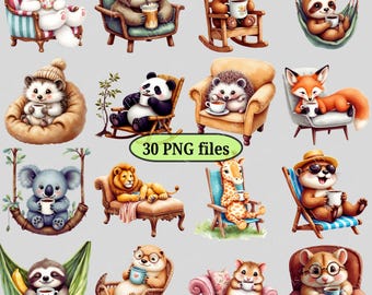 Whimsical Animal Resting with Coffee Clipart Bundle | PNG Illustrations (Digital Download)