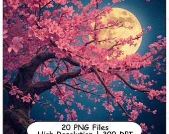 20 Sakura en fleurs et clipart au clair de lune | Haute résolution 4096 x 4096 | 300 ppp en téléchargement numérique