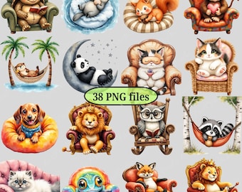 Whimsical Animal Resting Clipart Bundle | PNG Illustrations (Digital Download)