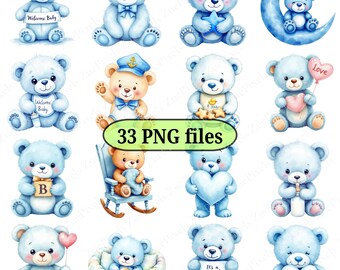 Blue Teddy Bear Clipart: Baby Shower PNG Set (34 Files, Digital Download)