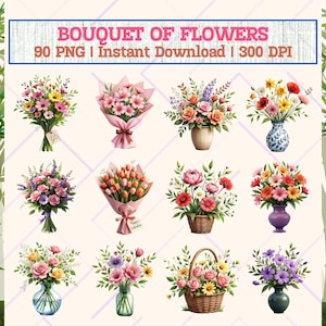 Watercolor Flower Bouquet Clipart Bundle: 90 Floral PNG Images (Digital Download) Transparent 300 DPI