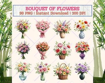 Clipartbundel aquarel bloemboeket: 90 bloemen png-afbeeldingen (digitale download) transparant 300 dpi