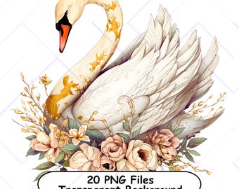 20 Elegant Swan Floral Clipart - 4096x4096 Pixels, 300 DPI, Instant Digital Download
