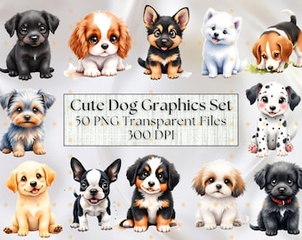 Welpe Clipart Bundle - 50 PNG Hundegrafiken (digitaler Download)