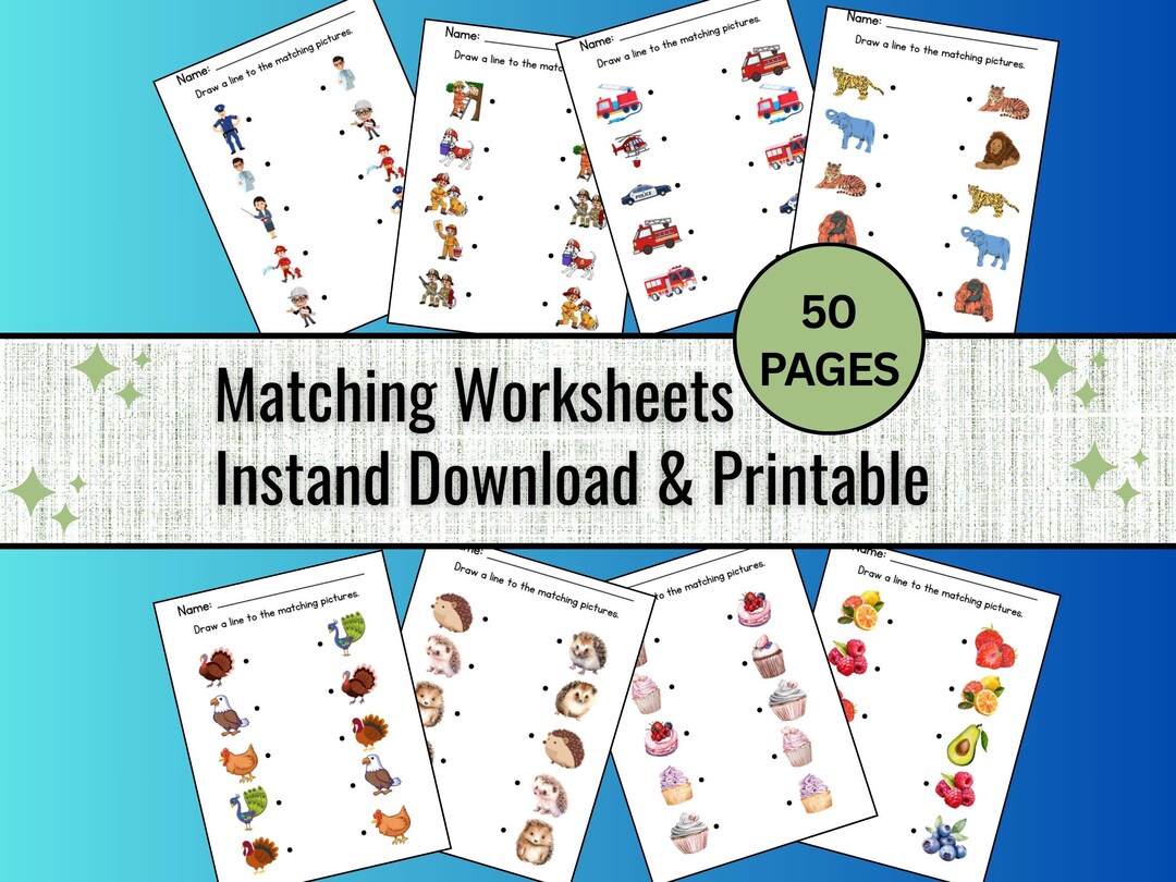 50 Printable Matching Worksheets, Match the Picture, Kindergarten ...