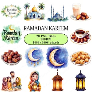 May include: Watercolor illustrations with a Ramadan theme. The image includes mosques, crescent moons, lanterns, dates, coffee, and a family. Text reads "Ramadan Kareem" and details about the PNG files.