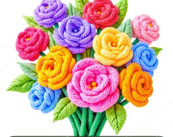 Knitted Bouquet of Roses PNG | Vibrant Illustration Art Clipart | Digital Download