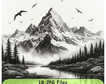 Mountain Landscape Black and White Clipart | Digital Download | 300 DPI JPG Files