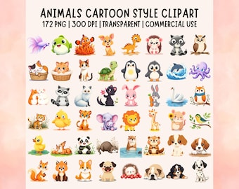 Adorable Animals Cartoon Style Clipart Bundle - 172 Transparent PNGs at 300 DPI