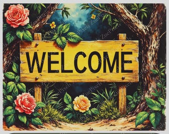 Wooden WELCOME Sign PNG | Floral Landscape | Printable Images, Digital Download, Scrapbooking Paper Crafts