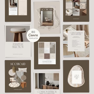 May include: A collection of interior design templates and mood boards. The image features various layouts with text such as "Small Space Solutions", "Furniture Selection", and "Material Board". The central element displays "80 Canva Templates".