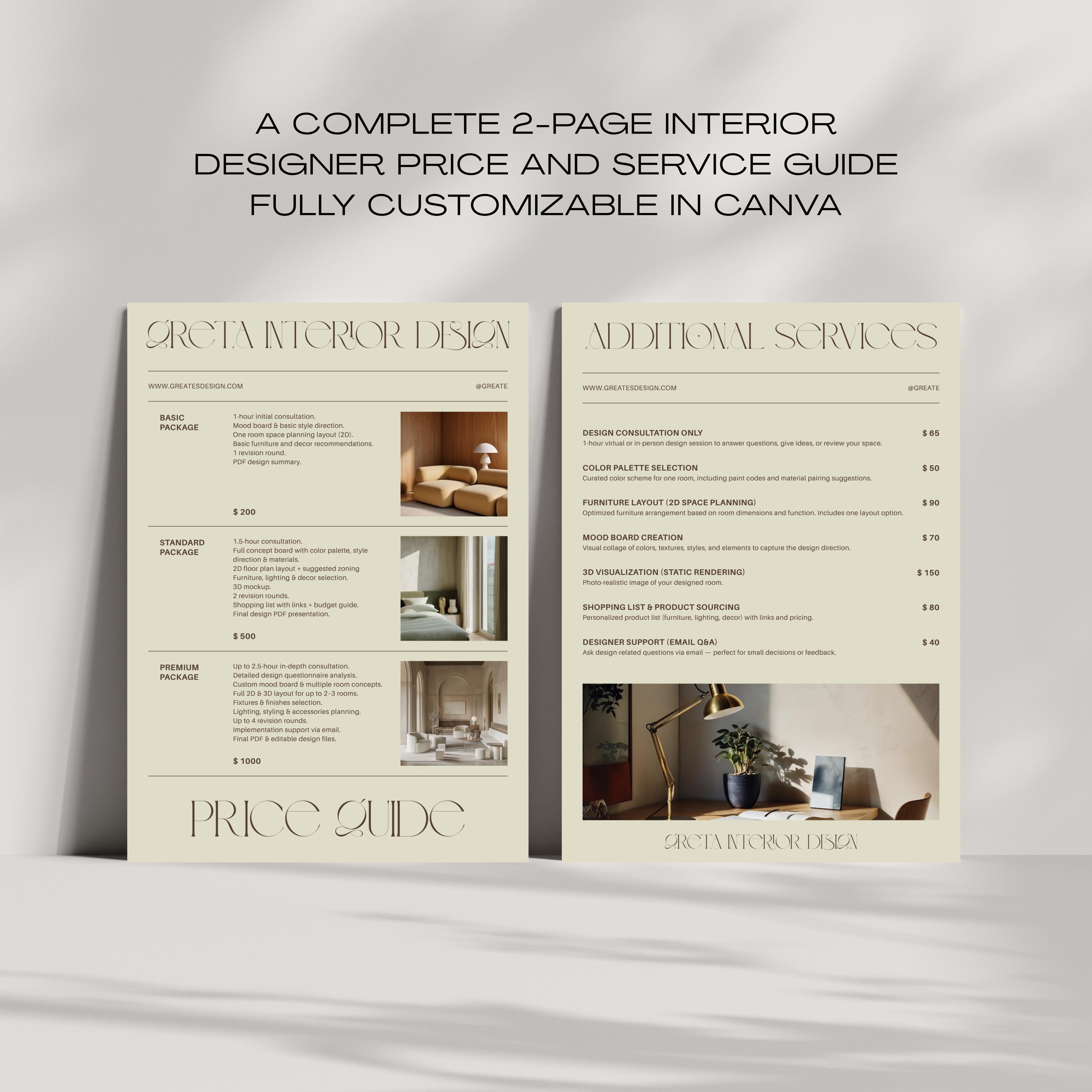 Interior Design Service & Price Guide | 2-page Editable Canva Template ...