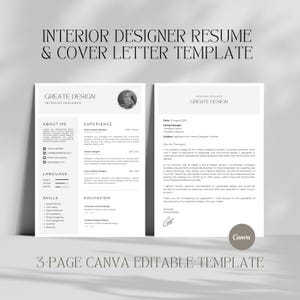 Interior Designer Resume Template + Cover Letter | Modern, Minimalistic CV for Interior Design Job | Editable Canva Template
