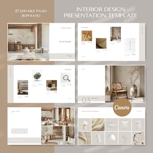 Interior Design Presentation Template - Canva editable. E-Design Presentation. Minimal design. Projects. Technical Plans. Moodboards.