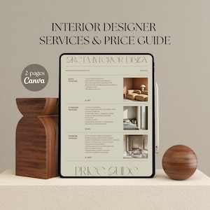 May include: A digital tablet displays an interior design services and price guide. The text includes "Interior Designer Services & Price Guide" and "Grota Interior Design." Two wooden decorative objects and a wooden sphere are on the left and right sides of the tablet.