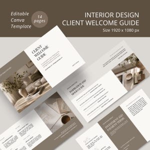 Puede incluir: Una plantilla de guía de bienvenida para clientes de diseño de interiores con una paleta de colores neutros. La guía incluye secciones sobre dirección de diseño, inversión y condiciones de pago. La plantilla es editable en Canva y tiene 14 páginas.