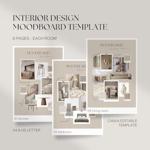 May include: A digital interior design moodboard template with three room layouts: kitchen, bedroom, and living room. Each moodboard features images of furniture, decor, and colour swatches. Text includes "Interior Design Moodboard Template", "6 Pages - Each Room", and "Canva Editable Template".