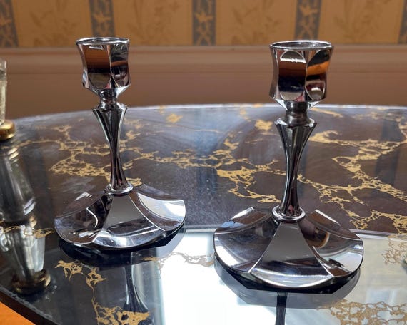 Vintage Irvinware Chrome Taper Candlesticks/Mid Century Modern Candle Holders (pair)