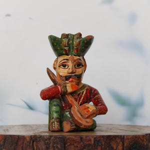 Vintage Antique Hand Carved Wooden Indian Musician Figurine With instrument, Hand Painted Human Sculpture, Old Collectible Art, Home Decor