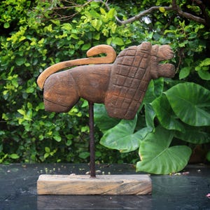 Rare Vintage Antique Hand Carved Wooden Lion Figurine on Stand, Unique Handmade Wooden Lion Statue, Old Collectible Art, Home Decor