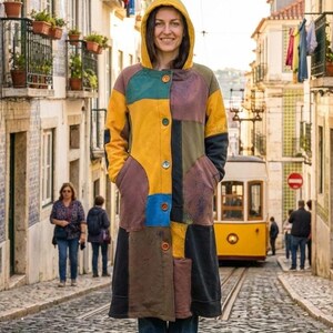 Handmade Patchwork Coat – Unique Statement Piece – Size L/XL – Lined Hooded Jacket – One of a Kind