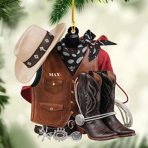 Personalized Cowgirl Boots And Hat Christmas Ornament, Christmas Gift For Cowboy, Cowboy Horseback Riding Ornament, Horse Racing Ornament