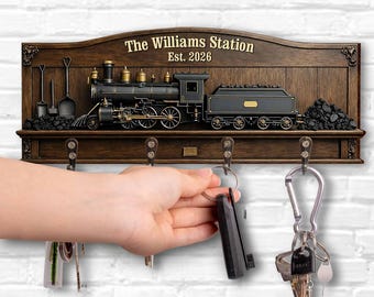 Personalized Train Station Wooden Key Holder, Custom Name Train Key Hanger, Wall Mounted Key Storage, Key Rack Hanger, Gift For Train Lover
